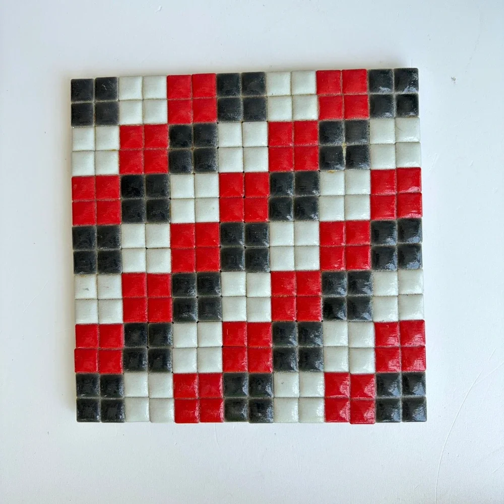 Vintage Mosaic Tile Trivet Red Black White Checkerboard Geometric 6x6 Hot Pad